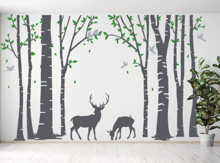 Birch Tree Wall Decal With Deer For Living Room