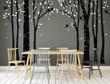 Birch Tree Wall Decal With Deer For Living Room