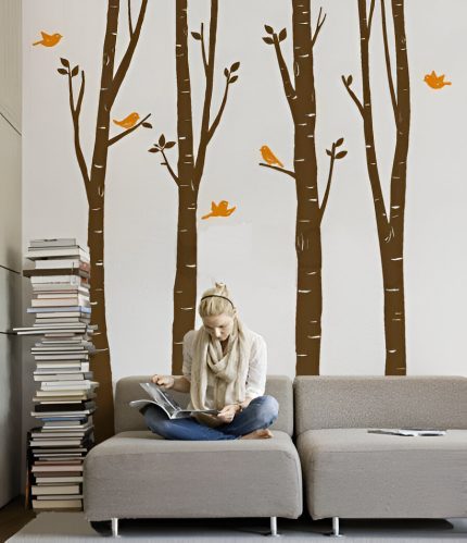 4 Spring Birch Tree With Birds Wall Decals