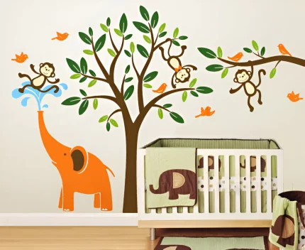 Animal Paradise Birds and Monkeys Play with Elephant Wall Decals