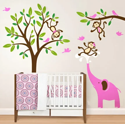 Animal Paradise Birds and Monkeys Play with Elephant Wall Decals