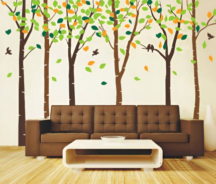 Birds in the 6 Birch Tree With Colorful Leaves Wall Decals