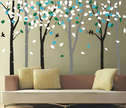 Birds in the 6 Birch Tree With Colorful Leaves Wall Decals