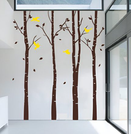 Birds Play in Birch Forest Wall Decals
